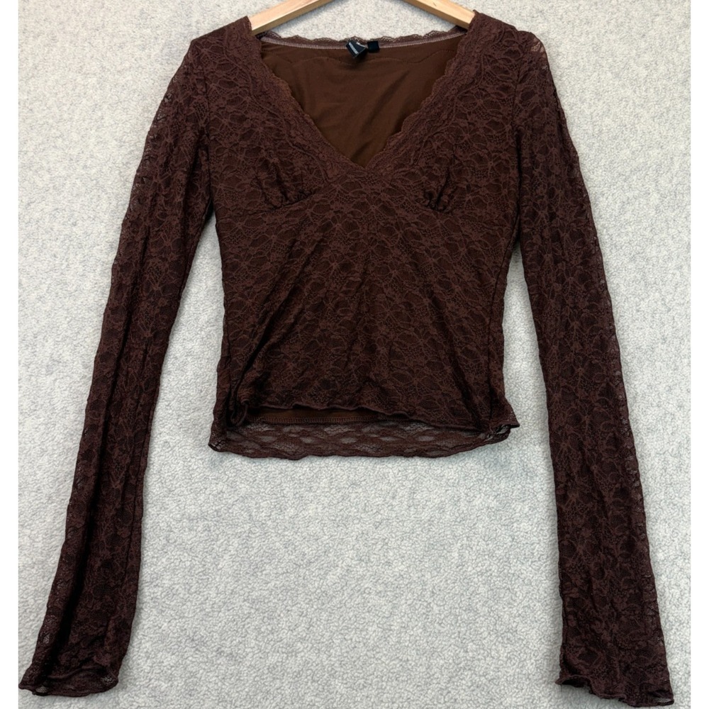 Windsor Womens Glam Flair Long Sleeve Lace Top Brown Floral V-Neck Lined M